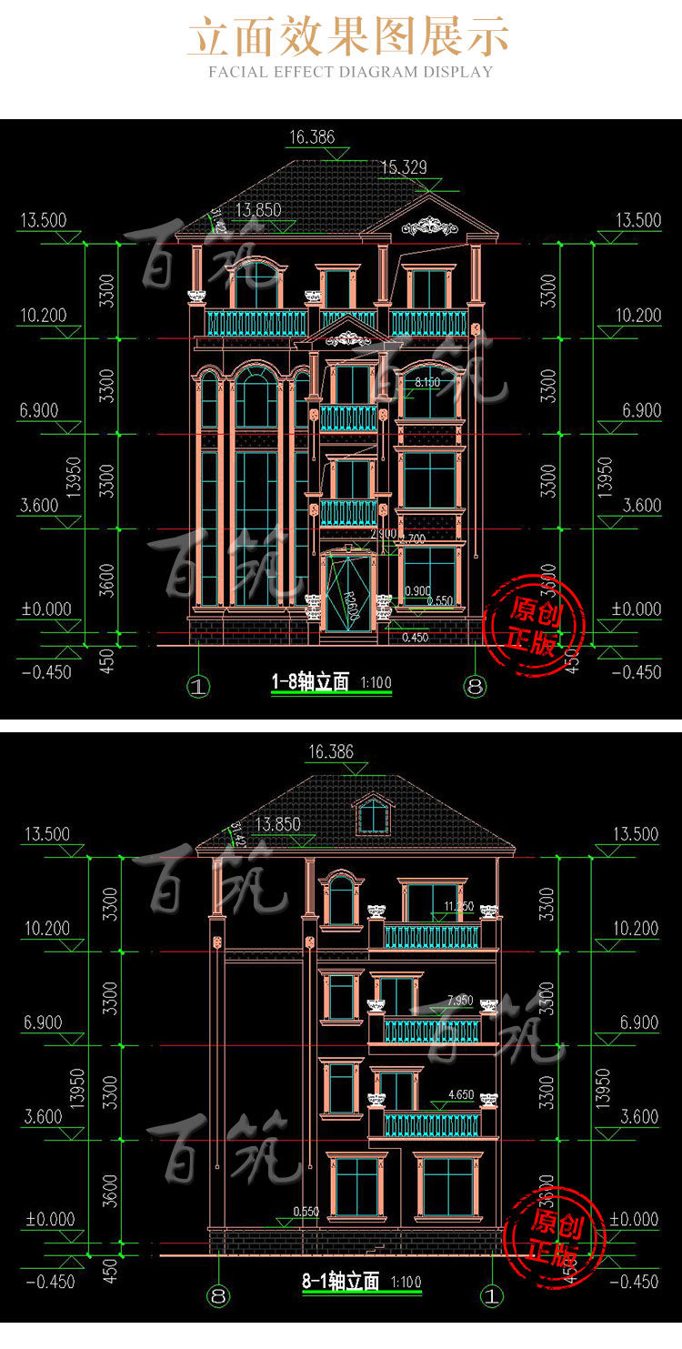 欧式三层半新农村别墅设计图纸_乡村自建房豪华房屋四层房子CAD图8